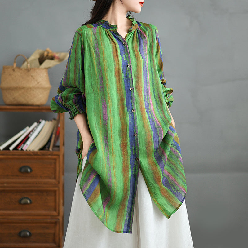 Babakud Women Spring Vintage Linen Striped Long Shirt