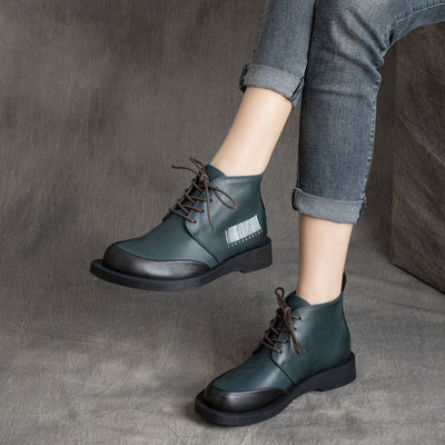 Women Vintage Leather Lace-Up Low Heel Chelsea Boots