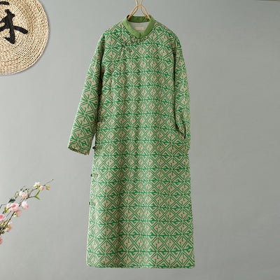 Babakud Women Winter Green Cotton Linen Buttoned Long Quilted Coat Dress