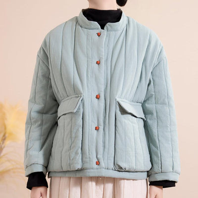 Women Winter Vintage Cotton Linen Quilted Jacket with Pockets