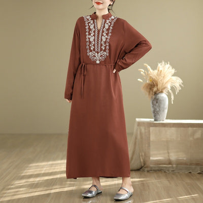 Babakud Women Spring Vintage Ethnic Embroidered Linen Maxi Dress