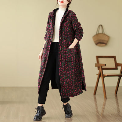 Women Winter Fashion Fleece-Lined Hooded Cotton Linen Long Coat