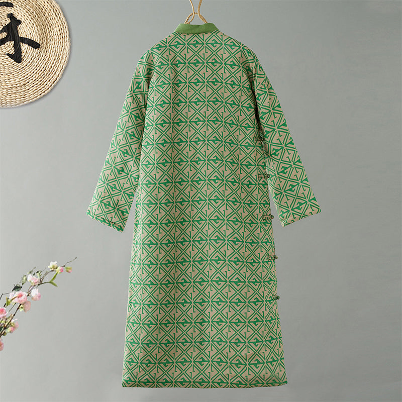 Babakud Women Winter Green Cotton Linen Buttoned Long Quilted Coat Dress