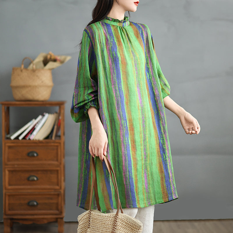 Babakud Women Spring Vintage Linen Striped Long Shirt