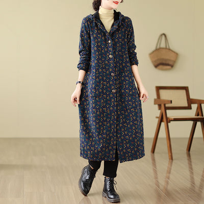 Women Winter Fashion Fleece-Lined Hooded Cotton Linen Long Coat