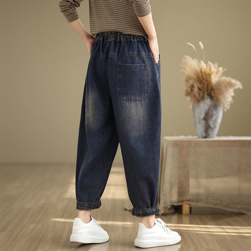 Babakud Women Autumn Solid Color Casual Denim Lace-up Harem Pants