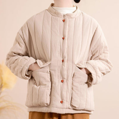 Women Winter Vintage Cotton Linen Quilted Jacket with Pockets