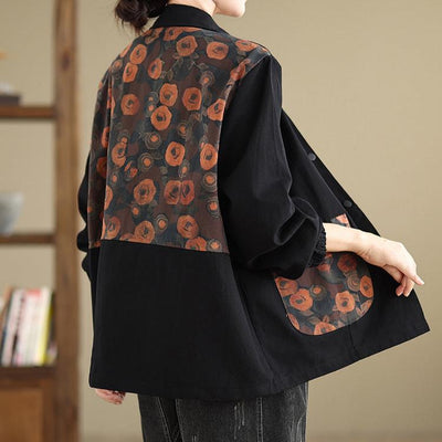 Babakud Women Autumn Retro Loose Fit Patchwork Floral Jacket