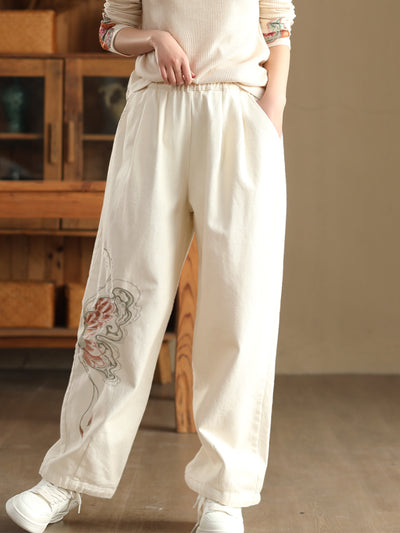 Babakud Women Winter Vintage Embroidered Cotton Brushed Lining Casual Pants