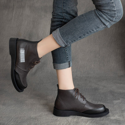 Women Vintage Leather Lace-Up Low Heel Chelsea Boots