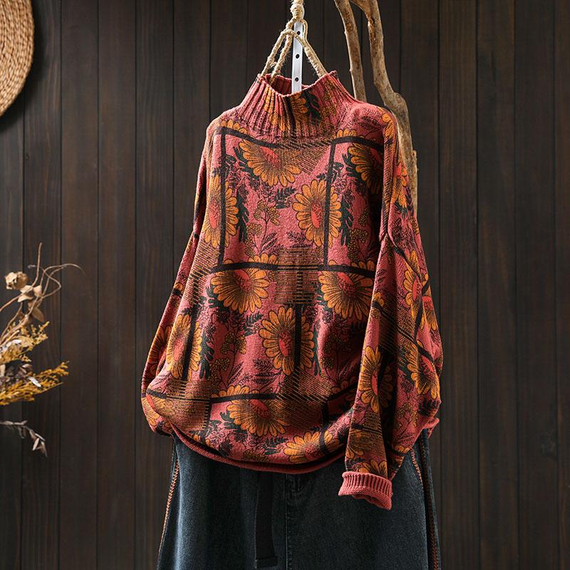 Babakud Women Autumn Sunflower Printed Mock Neck Cotton Sweater