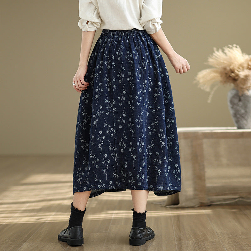 Babakud Women Spring Vintage Loose-Fit Denim Skirt with Flower-Bud Design