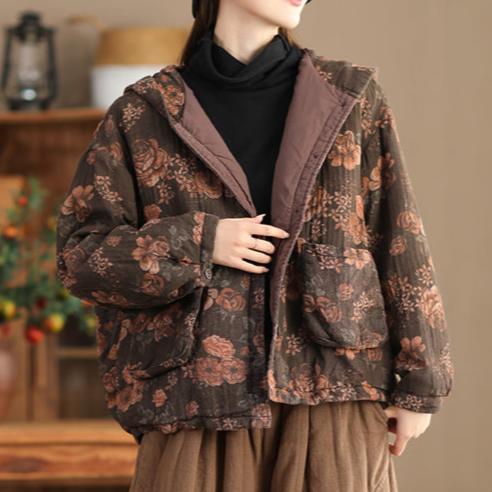 Babakud Women Winter Retro Printed Floral Thickened Hooded Cotton Linen Quilted Jacket