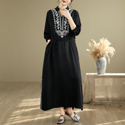 Babakud Women Spring Vintage Ethnic Embroidered Linen Maxi Dress