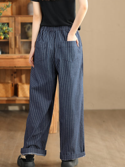 Babakud Women Autumn Cotton Linen Denim Striped Wide- Leg Pants