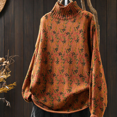 Babakud Women Winter Retro Floral Cotton Knit Casual Sweater