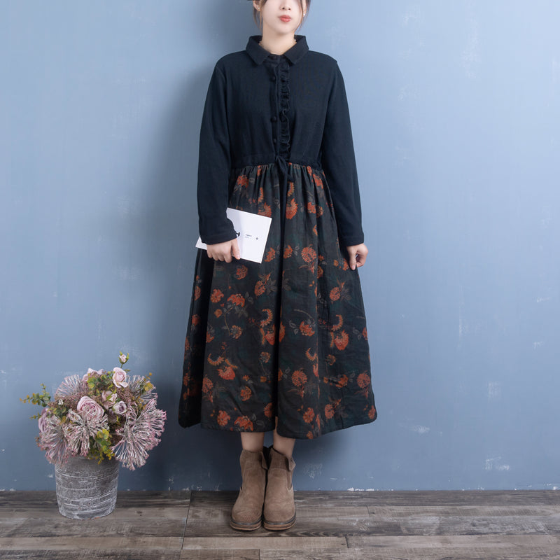 Women Autumn Retro Cotton Linen Patchwork Floral Maxi Dress