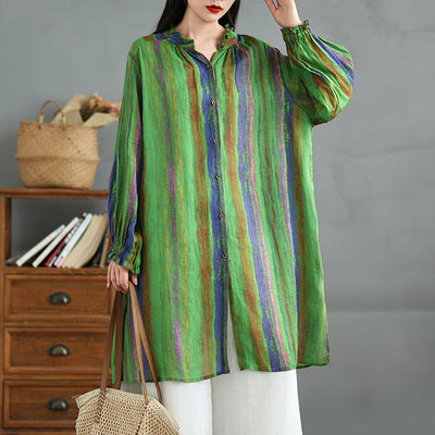 Babakud Women Spring Vintage Linen Striped Long Shirt