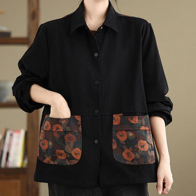 Babakud Women Autumn Retro Loose Fit Patchwork Floral Jacket