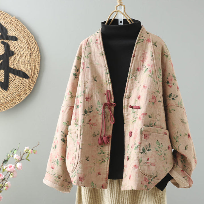 Babakud Women Winter Oversized Floral Cotton Jacket with Knot Buttons