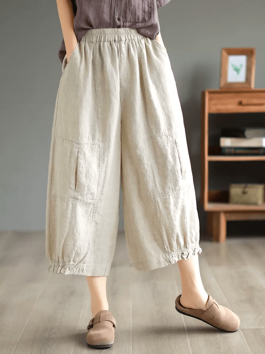 Babakud Women Summer Solid Color Linen Wide-Leg Pants