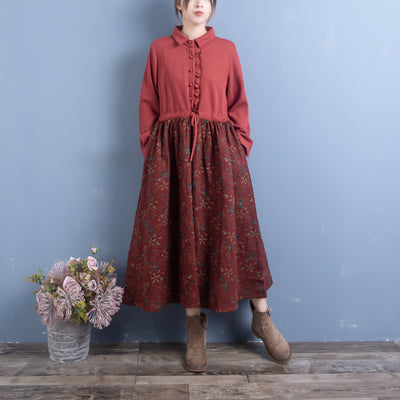 Women Autumn Retro Cotton Linen Patchwork Floral Maxi Dress