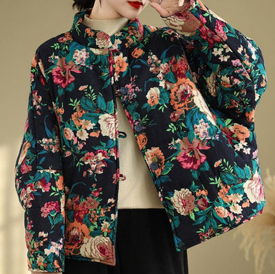 Babakud Women Winter Vintage Cotton Linen Printed Quilted Jacket