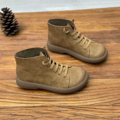 Babakud Women Autumn Vintage Soft Leather Flat Casual Boots