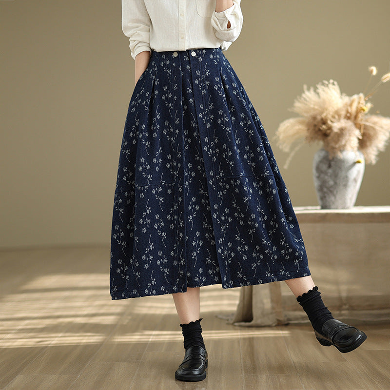 Babakud Women Spring Vintage Loose-Fit Denim Skirt with Flower-Bud Design