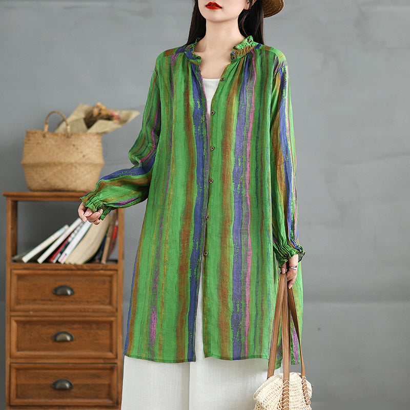 Babakud Women Spring Vintage Linen Striped Long Shirt