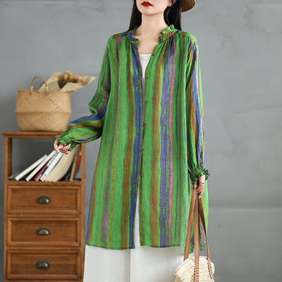 Babakud Women Spring Vintage Linen Striped Long Shirt