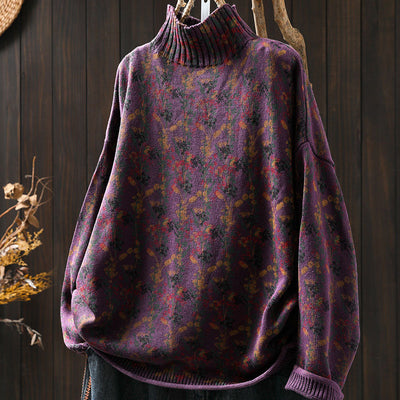 Babakud Women Winter Retro Floral Cotton Knit Casual Sweater