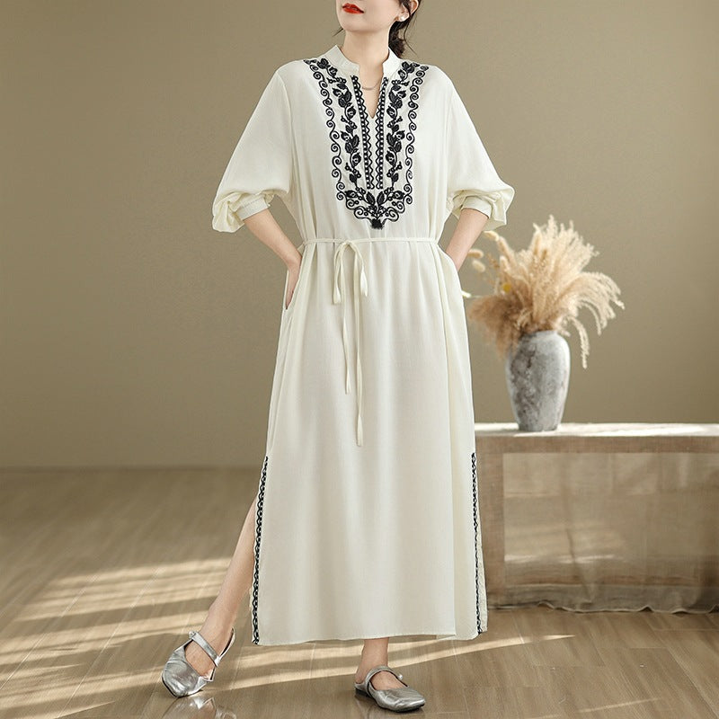 Babakud Women Spring Vintage Ethnic Embroidered Linen Maxi Dress