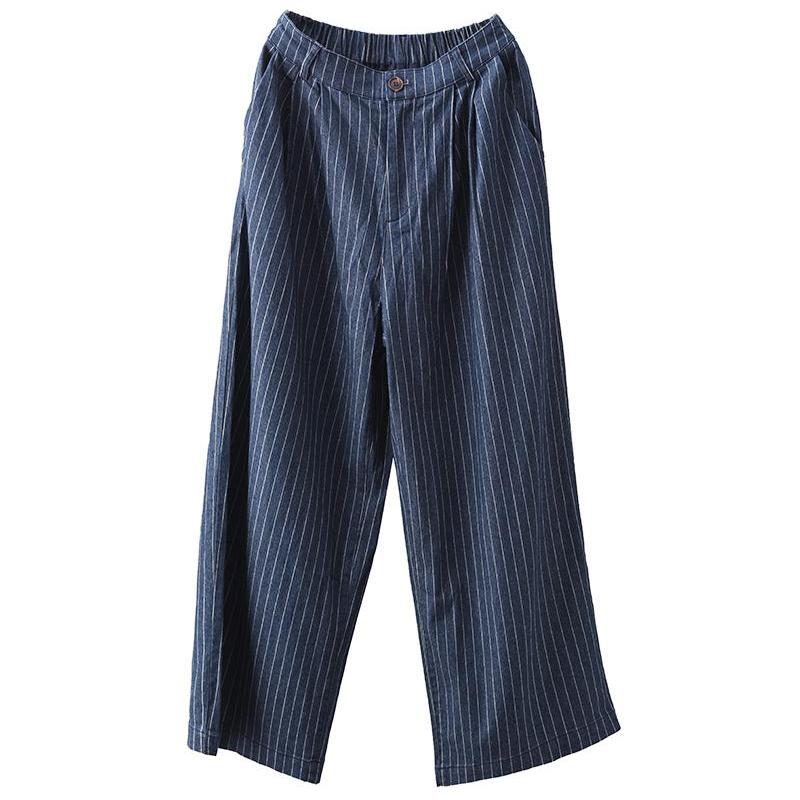 Babakud Women Autumn Cotton Linen Denim Striped Wide- Leg Pants