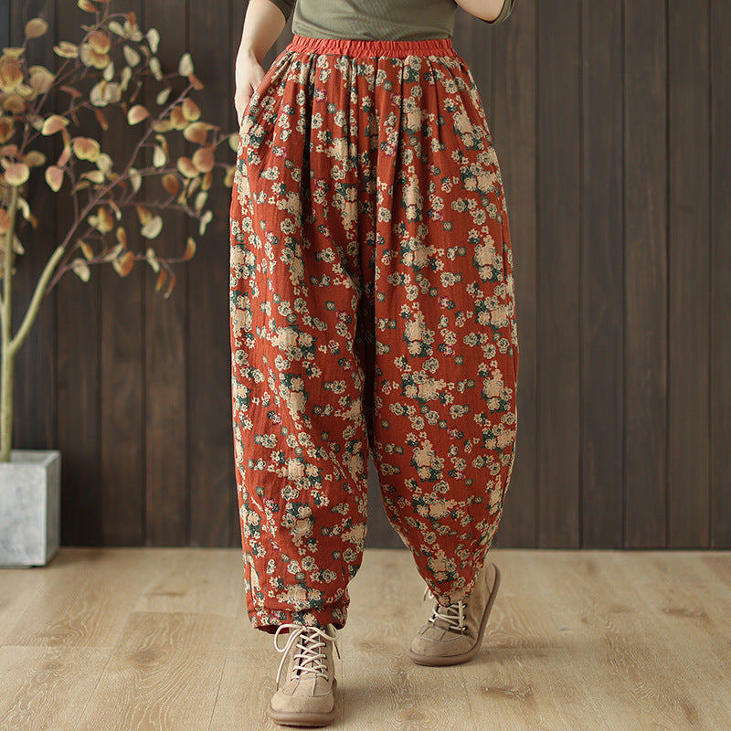 Babakud Women Winter Printed Floral Cotton Linen Cotton-Padded Pants