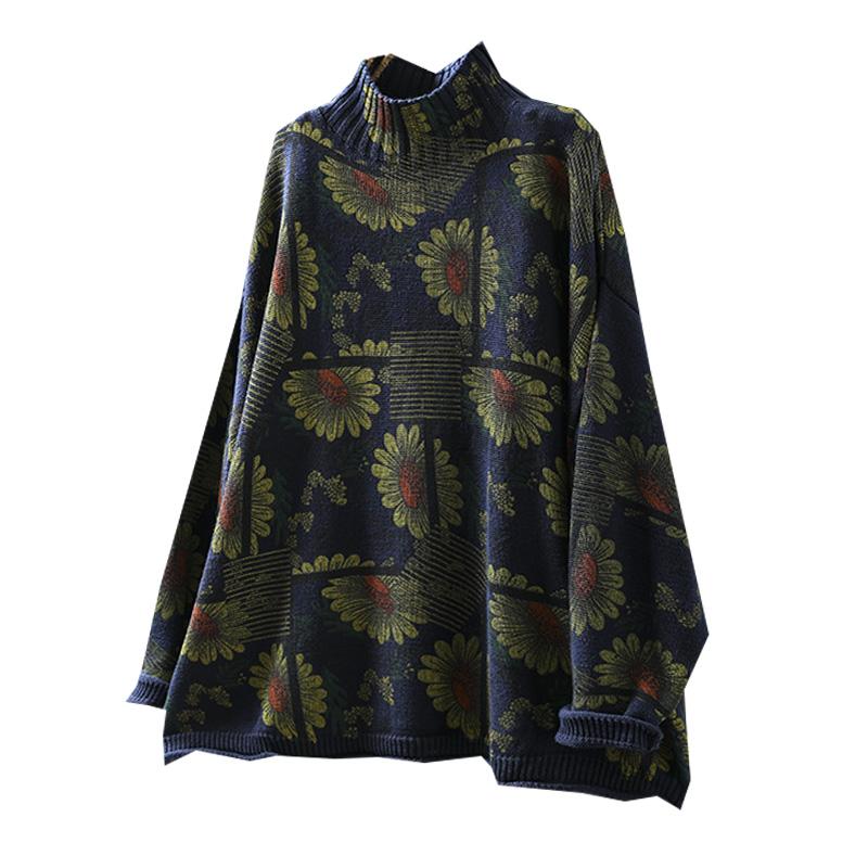 Babakud Women Autumn Sunflower Printed Mock Neck Cotton Sweater