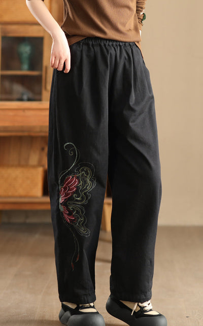 Babakud Women Winter Vintage Embroidered Cotton Brushed Lining Casual Pants