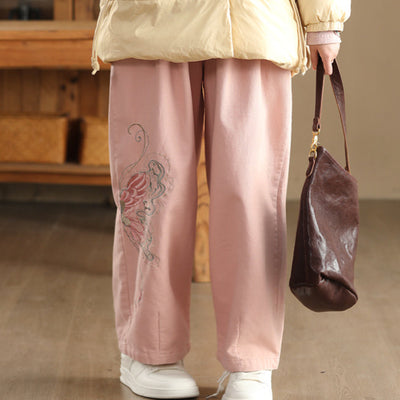 Babakud Women Winter Vintage Embroidered Cotton Brushed Lining Casual Pants