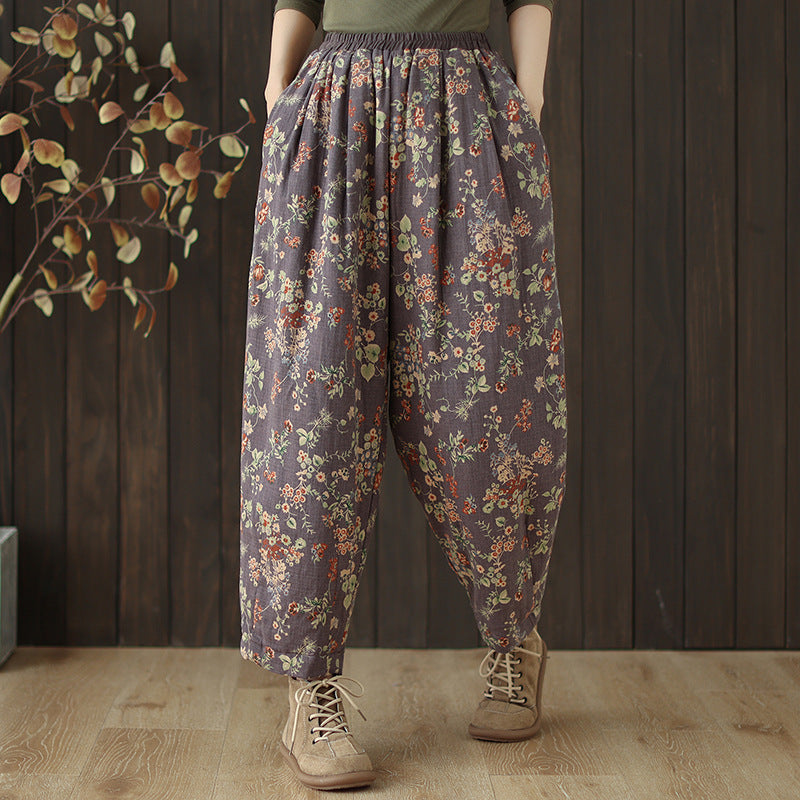 Babakud Women Winter Printed Floral Cotton Linen Cotton-Padded Pants