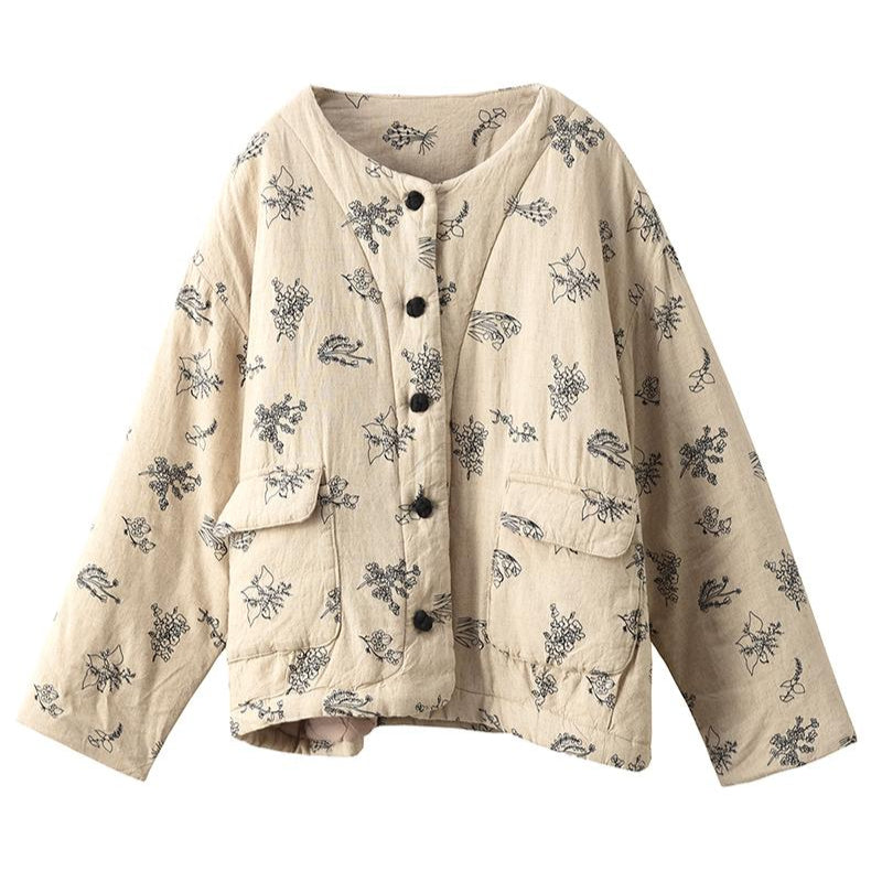 Women Winter Vintage Embroidered Washed Linen Quilted Jacket