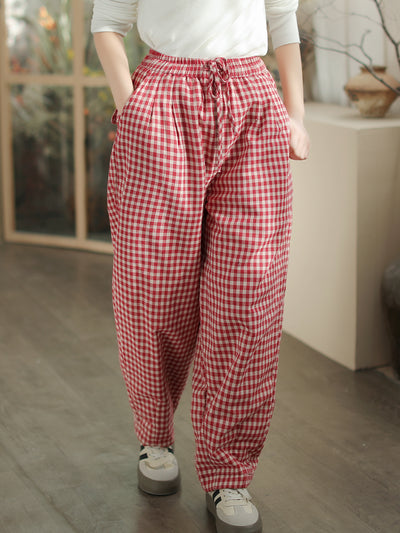 Women Cozy Loose Plaid Elastic Waist Padded Cotton Pants