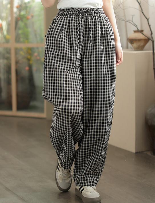 Women Cozy Loose Plaid Elastic Waist Padded Cotton Pants