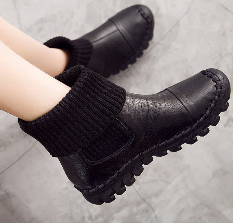 Women Knitted Spliced Genuine Leather Fleece Lining Warm Boots