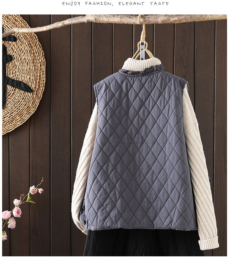 Casual Retro Embroidered Ruffled Quilted Vest for Women