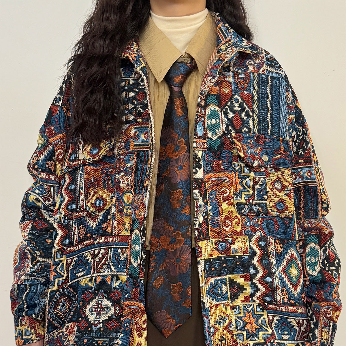 Loose Retro Tibetan Style Printed Long Sleeve Jacket