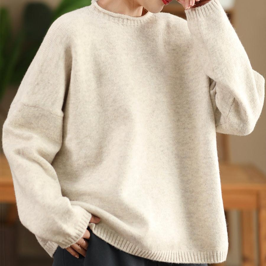 Babakud Women Autumn Retro Solid Colors Knitted Pullover Top