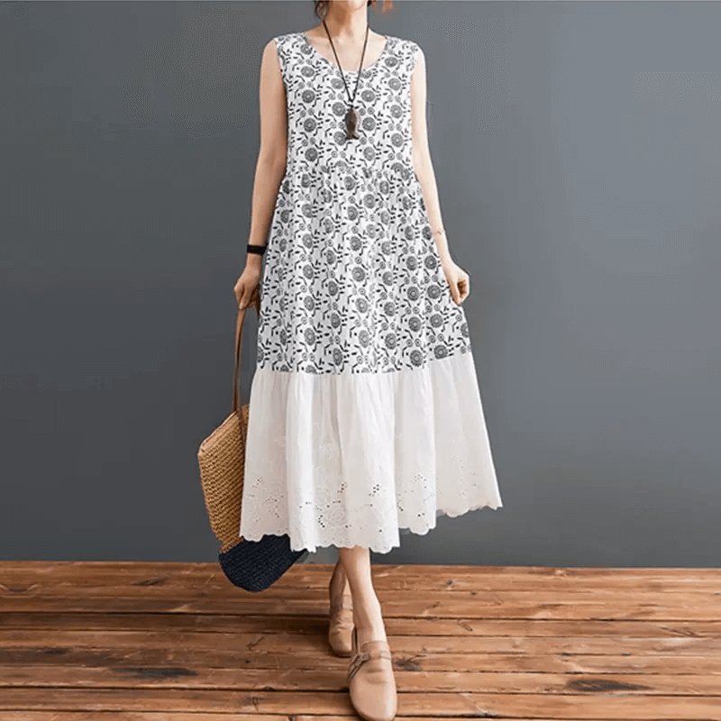Babakud Women Charm Lace Floral Cotton Linen Dress