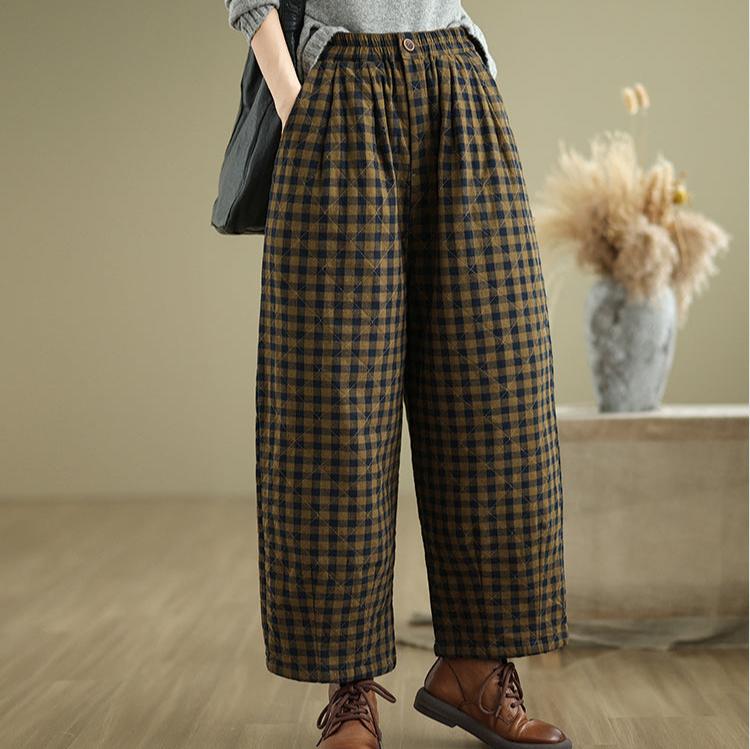 Babakud Women Winter Plus Size Plaid Thickened Loose Fit Quilted Cotton Pants