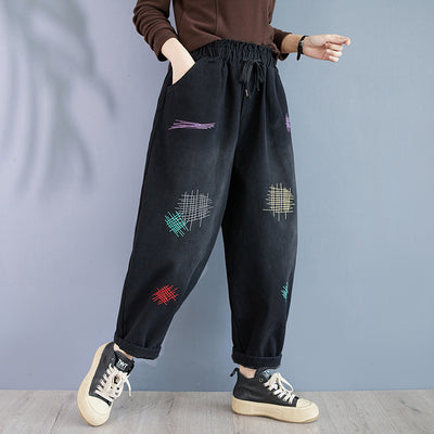 Babakud Women Winter Embroidered Fleece-Lined Retro Denim Harem Pants