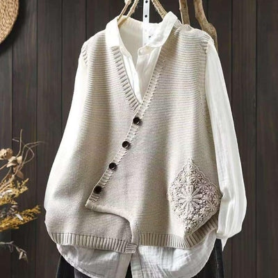 Women Spring Lace Appliqué Knit Loose-Fit Layered Vest